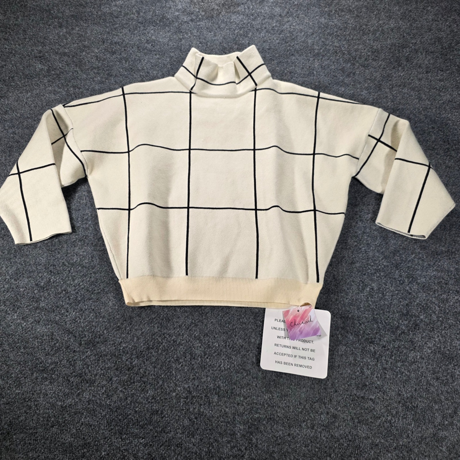 Chicwish Sweater Womens Cream Black Grid Windowpane Mock Neck Knit Pullover New